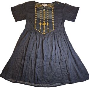 Feminine Boho Embroidered Sheer Tunic Black & Gold Dress Medium